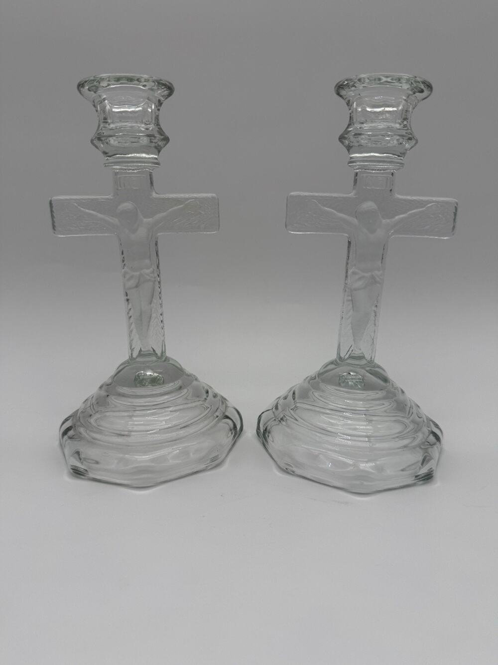 Vintage Pair of I.H.S. Crucifix Glass Candle Stick Holder Jesus on Cross